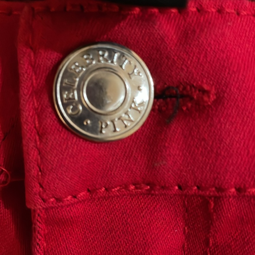 Celebrity Pink stretchy Bold Scarlet Red Jr SZ 13 Pants w silver logo plate EUC - Picture 7 of 13